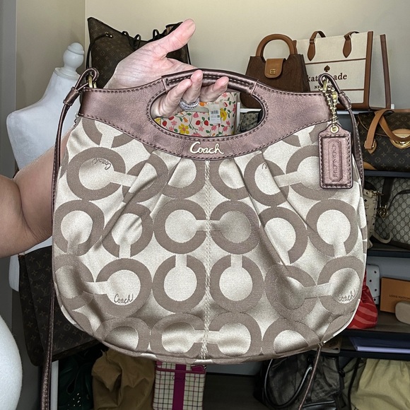 Coach Handbags - Coach Signature Pleated Tote 14058 Khaki Brown Metallic Trim Excellent Condition